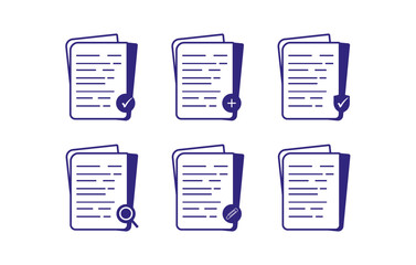 Poster - Blue document icons with check, plus, shield, search, and edit symbols. Ideal for business, office, data, or file management designs.