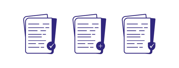 Poster - Set of document icons with check, plus, and shield symbols. Represents tasks, additions, and security.