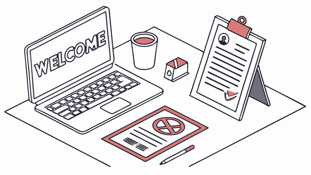 Isometric view of a desk with a laptop displaying welcome text and office related items on the surface