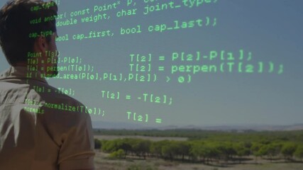 Poster - Man standing on hill over farm, tracking green C++ code appearing and scrolling HTTP geometry logic