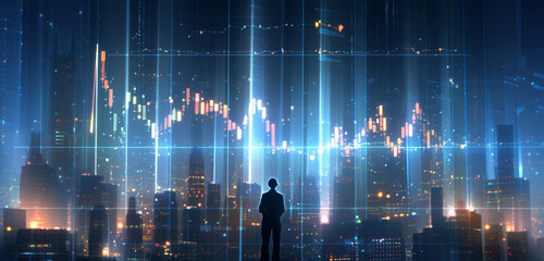 Poster - A man standing in front of a city skyline with a stock chart overlayed on the cityscape view