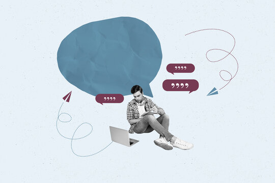Poster trend collage of person use netbook sit near speech bubble on blue background