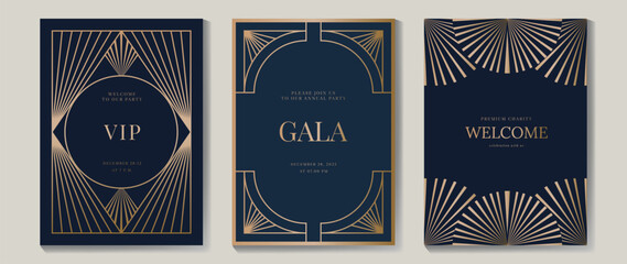 Aufkleber - Luxury wedding invitation card background vector. Golden elegant gold wavy lines on navy blue background. Premium design illustration for wedding and vip cover template, banner, poster.