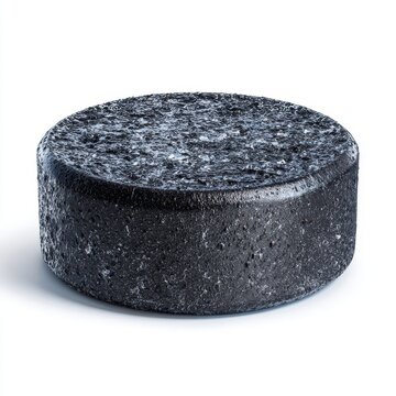 Dark gray, textured disc on white background