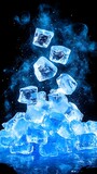 Freezing ice cubes falling onto pile, smoky background, drink advertising