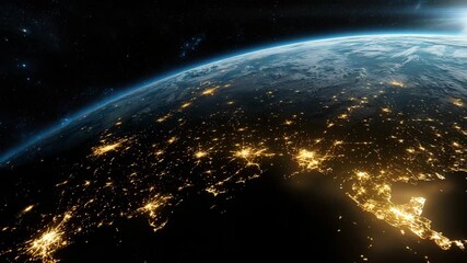 Aufkleber - Earth viewed from space with illuminated city lights highlighting populated areas beneath a glowing sunrise.