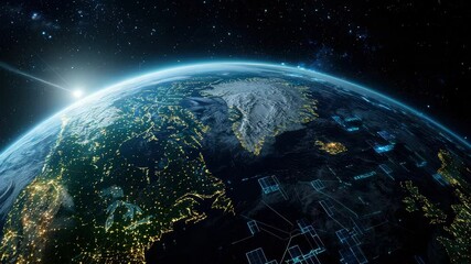 Aufkleber - A stunning view of Earth from space, showing North America illuminated by city lights and the sun rising over the horizon.