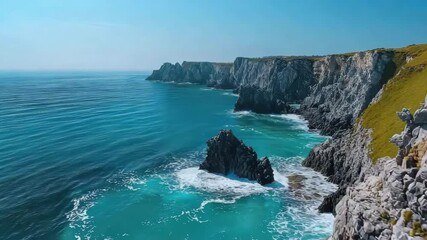 Poster - Rocky cliffs overlooking a vibrant blue ocean with waves crashing against the rugged shoreline.