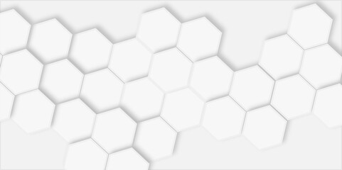 Poster - White hexagonal tiles arranged in a cluster pattern light gray surface creating  modern design.