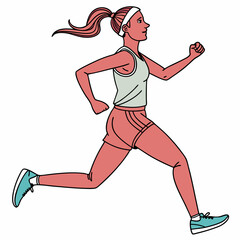 Poster - Woman with Red Hair Ponytail Jogging in Coral Shorts and Teal Sneakers White Background female runner