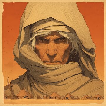 Illustration of an angry elderly woman in a desert landscape.