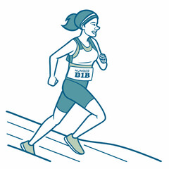 Poster - Female Athletic Runner with Number Bib Running on White Background Teal Line Art Illustration woman athlete