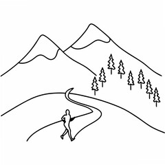 Poster - Runner on Mountain Trail Simple Line Drawing White Background running mountains