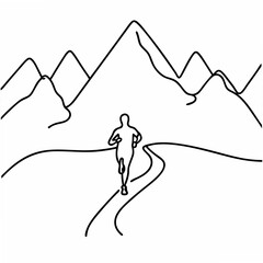 Poster - Runner Silhouette on Mountain Trail Minimalist Line Art Illustration on White Background running mountains