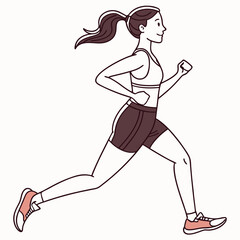 Poster - Woman with brown ponytail jogging wearing mauve sports bra dark purple shorts and pink running shoes on white background