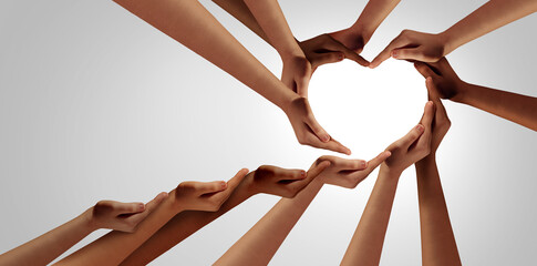 Poster - Unity And Togetherness partnership as heart hands in a group of diverse people connected together shaped as a support symbol expressing the feeling of teamwork and belonging or inclusion.