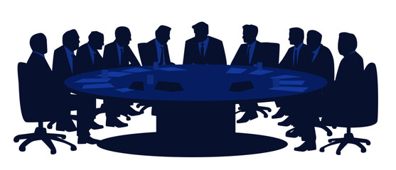 Poster - Business meeting negotiation silhouettes concept. Group of people in suits around a round table discussing. Dark blue monochrome style corporate setting