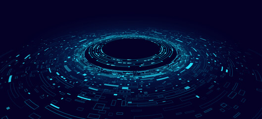 Poster - Futuristic circular big data visualization on a dark blue background. Abstract digital design with geometric shapes and glowing elements for technology backdrop. Vector illustration.
