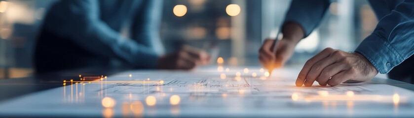 architects collaborating in a digital workspace with glowing interactive blueprints, sharp focus, vi