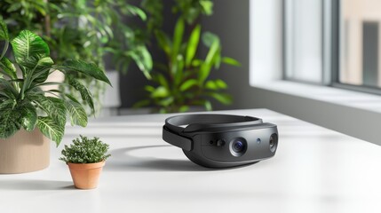 Leinwandbilder - Modern wearable device with multiple cameras resting on a table.