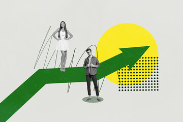 Aufkleber - Image pop 3d zine collage of happy businessman businesswoman stand arrow development career chance promotion employee progress