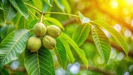 Wall Mural - A walnut tree branch with green leaves and walnuts hanging from it