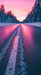 Poster - Snowy road at sunset, pink and purple hues reflecting on wet asphalt, bordered by snow-covered pine trees. Symbolizes journey, hope, winter landscape