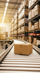 Poster - Brown cardboard box on conveyor belt in warehouse, showcasing efficient logistics and distribution process