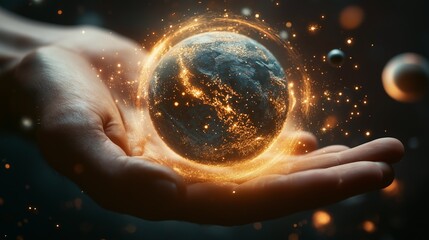 hands holding glowing digital earth surrounded by fiery particles and light on dark background. conc