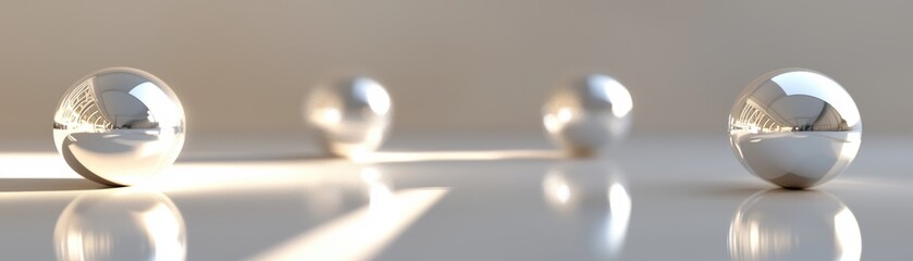 Poster - Four reflective metallic spheres aligned on a smooth surface, casting soft shadows with a minimalist, modern aesthetic