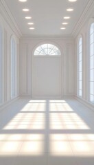 Poster - Bright, Spacious White Hall with Spotlights, Elegant Design, Blank Tile Floor and Arched Doorways