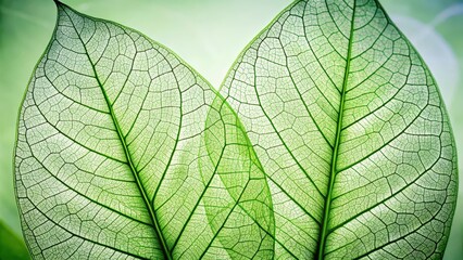 Wall Mural - A delicate close-up of two translucent green leaves overlapping in the center