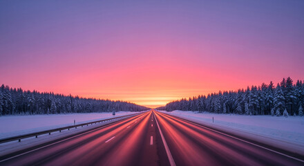 Poster - Empty highway vanishing into a vibrant pink and purple sunrise over a snow-covered pine forest, conveying a sense of journey, freedom, and winter tranquility