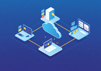 Poster - Cloud computing and data transfer illustration showing interconnected laptops and server technology