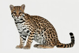 Elegant ocelot sitting gracefully with intense gaze against white background