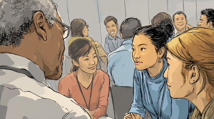 Poster - sketch-style illustration of diverse group discussion, showcasing communication and teamwork, ideal 