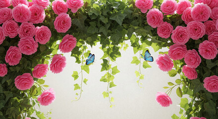 Poster - Pink roses and green ivy create a floral archway, two blue butterflies add a touch of whimsy, ideal for romantic or nature-themed designs, background or wallpaper