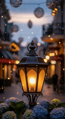 Aufkleber - Illuminated street lamp at dusk, surrounded by hydrangeas, with bokeh lights in background, conveying warmth and ambiance
