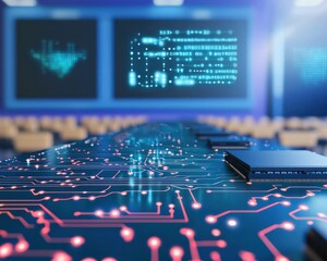 Aufkleber - A computer monitor displays a circuit board with red and blue lights