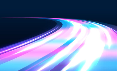 Poster - Neon color glowing lines background, high-speed light trails effect. Modern abstract high-speed light motion effect on black background. Light motion effect, slow shutter of traffic.	
