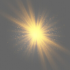 Poster - A bright sunlight lens flare effect glows on a transparent background. The golden rays scatter softly. Perfect for natural light visuals.