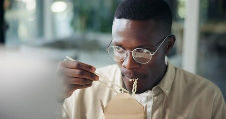 Poster - Office, black man and computer with food for eating, working lunch or nutrition with content writer. Workplace, male person and business journalist with takeaway of noodles, hungry and tech for news