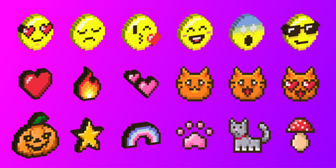 Fototapete - Pixel art emoticon collection with 3d effect - yellow smiling faces showing various expressions, hearts, fire, cats and cute objects. Retro 8 bit style icons for gaming interface or digital stickers.