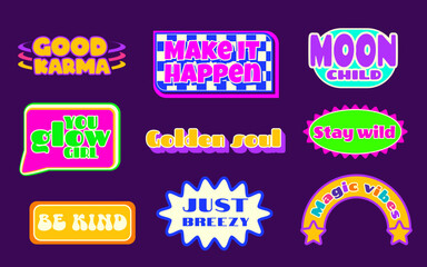 Poster - Retro y2k sticker set with uplifting quotes and playful shape elements. Bold typography, neon backgrounds. Speech bubbles and rainbow arcs, starburst frames. Nostalgic 90s aesthetic patches.