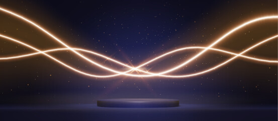 Poster - dark blue stage with glowing golden light waves and glitter particles. empty platform below curved l