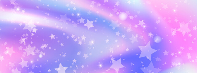 Wall Mural - pastel rainbow bg with floating glitter stars in pink, purple and blue gradient. dreamy sparkle on m