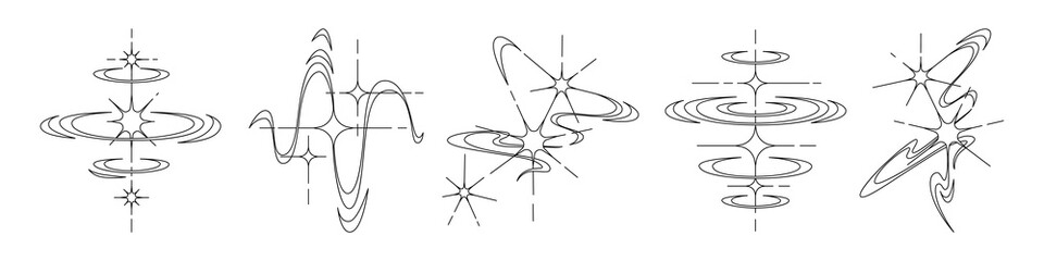 Poster - Y2K star tattoo line art collection with cosmic swirls, orbital rings and celestial sparkles. Minimalist space designs with abstract stellar forms for nostalgic body art or retro futuristic graphic.