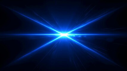 Poster - Bright blue light flare with cross rays on dark background. Abstract optical lens concept. Modern technology glowing effect.