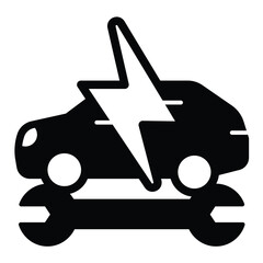 Fototapete - Car with lightning and wrench solid icon, electrical service concept. Vector graphics. Electrician vehicle, repair sign on white background, style mobile or design.