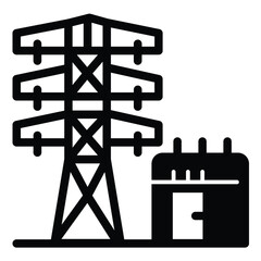 Poster - Transformer box and high voltage pole solid icon, electrical service concept. Vector graphics. Electrical safety sign on white background, style mobile or design.